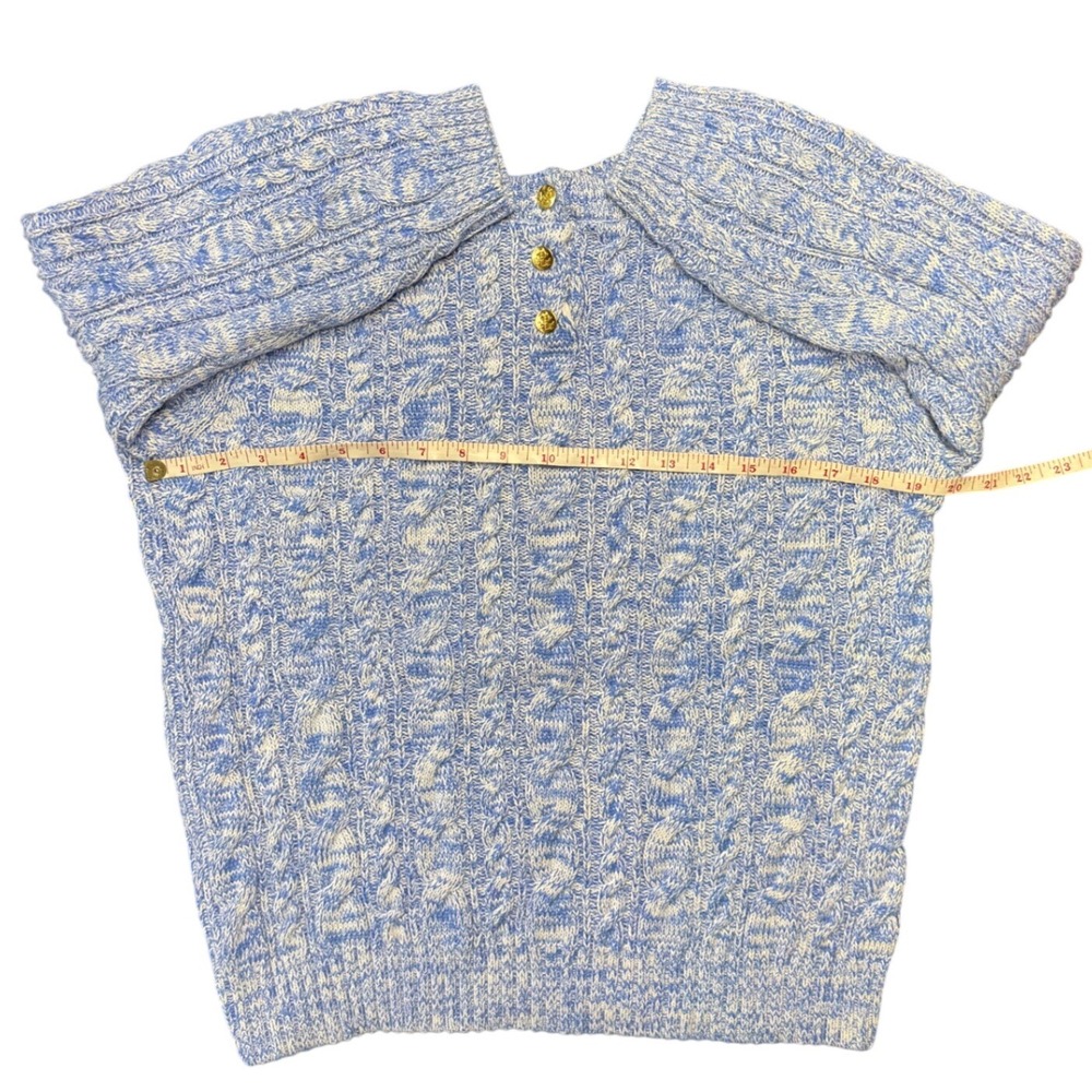 Lands End Blue White Cable Knit Sweater Gold Button Pullover Women Large - Picture 7 of 7